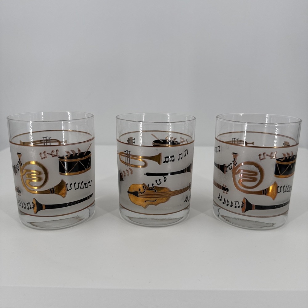 Culver Vintage Signed Mid-century 22k Gold Musical Low Ball Glasses USA Set Of 3